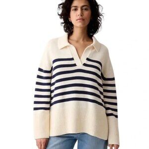 GAP (NWOT) Cream and Navy Stripe Collared Split Hem Sweater Size M